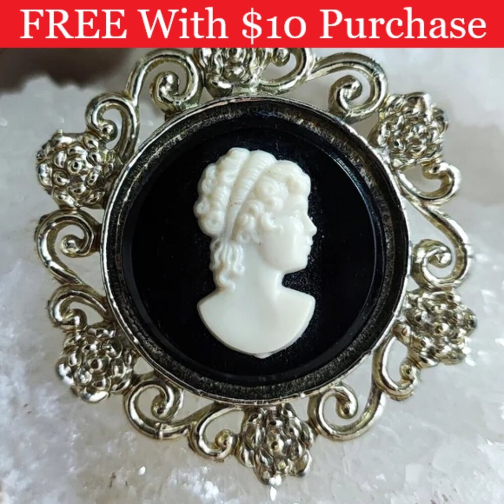 Vintage Cameo Costume Jewelry Black Cream Plastic Brooch Golden Pin RED BANNER